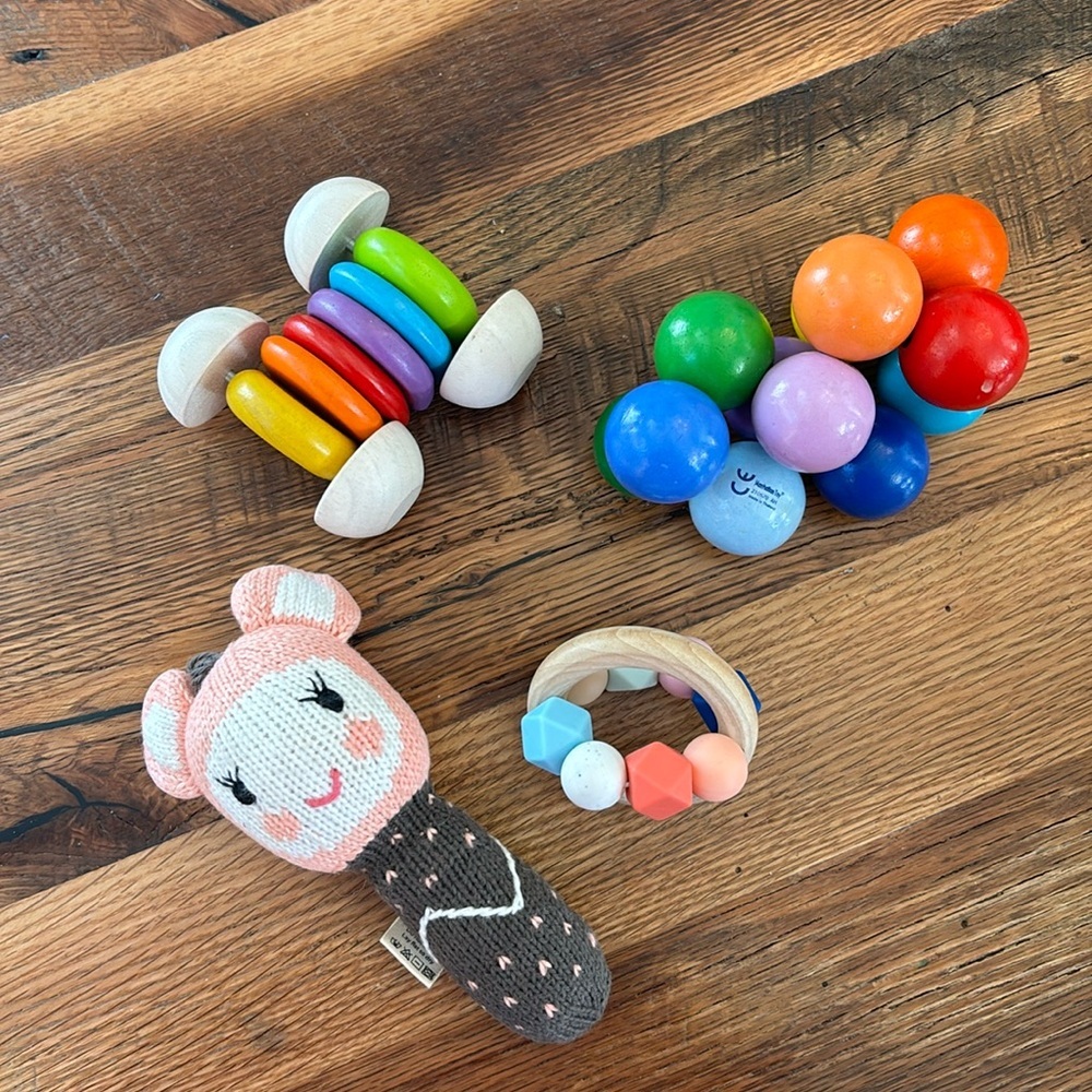 Lot of baby toys—manhattan co wood, Finn& Emma rattle, plan toys.
